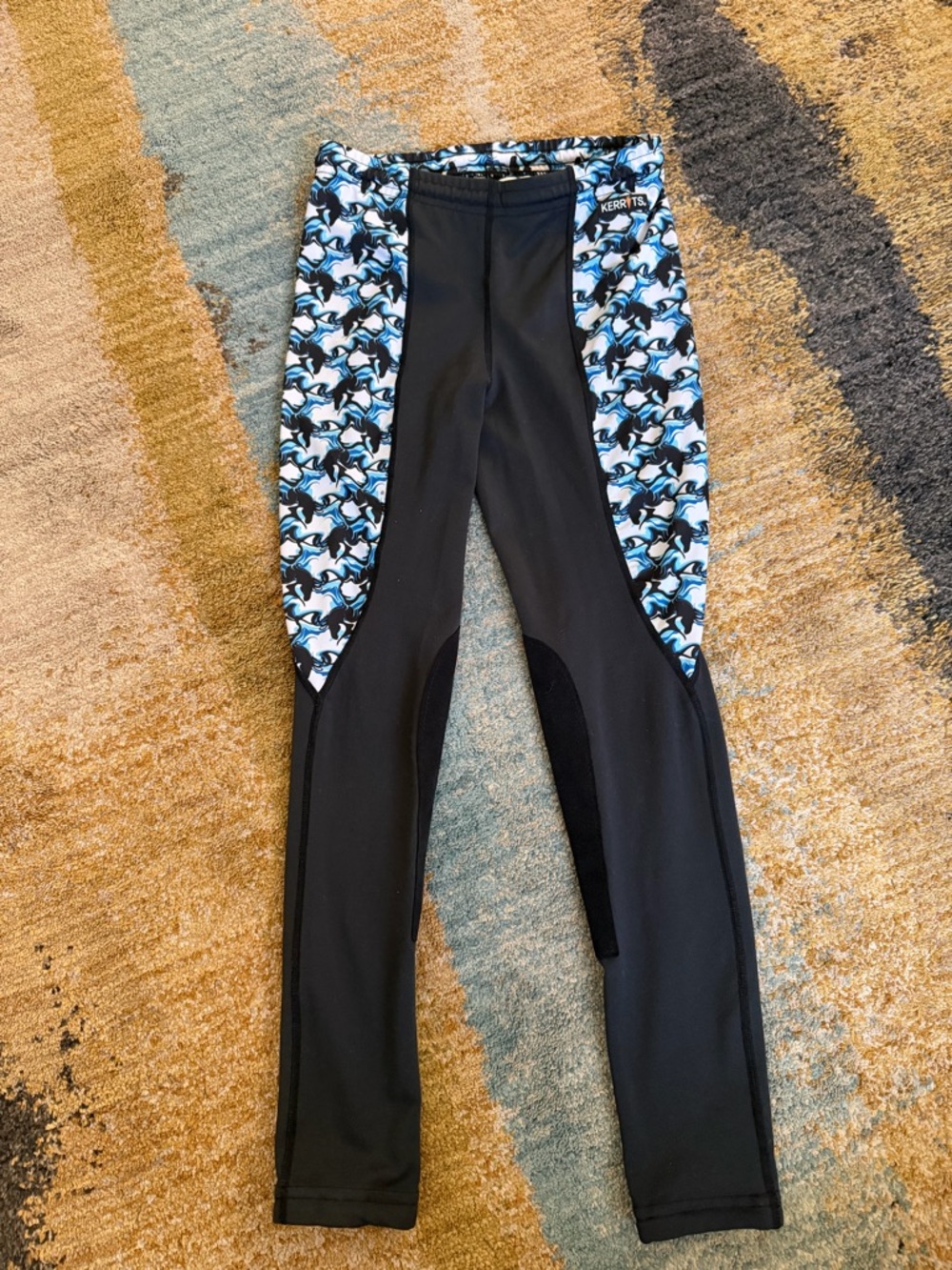 Kerrits Black Leggings with Blue & White Horse Print Panels